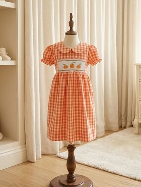 🍊🎃 Sweet Dreams Pumpkin Gingham Dress – Fall Perfection (Sz 2T) 🎃🍊